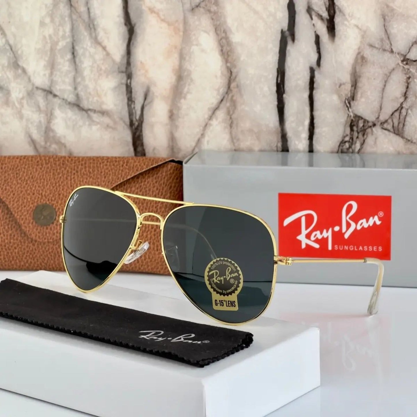Ray-Ban New Stylish Aviator 3026 Black and Gold Sunglasses for men and women.